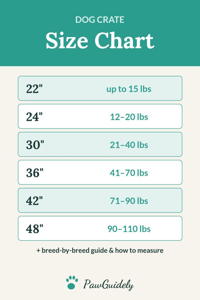 Dog crate size chart pin: crate sizes 22 to 48 inches with dog weight ranges